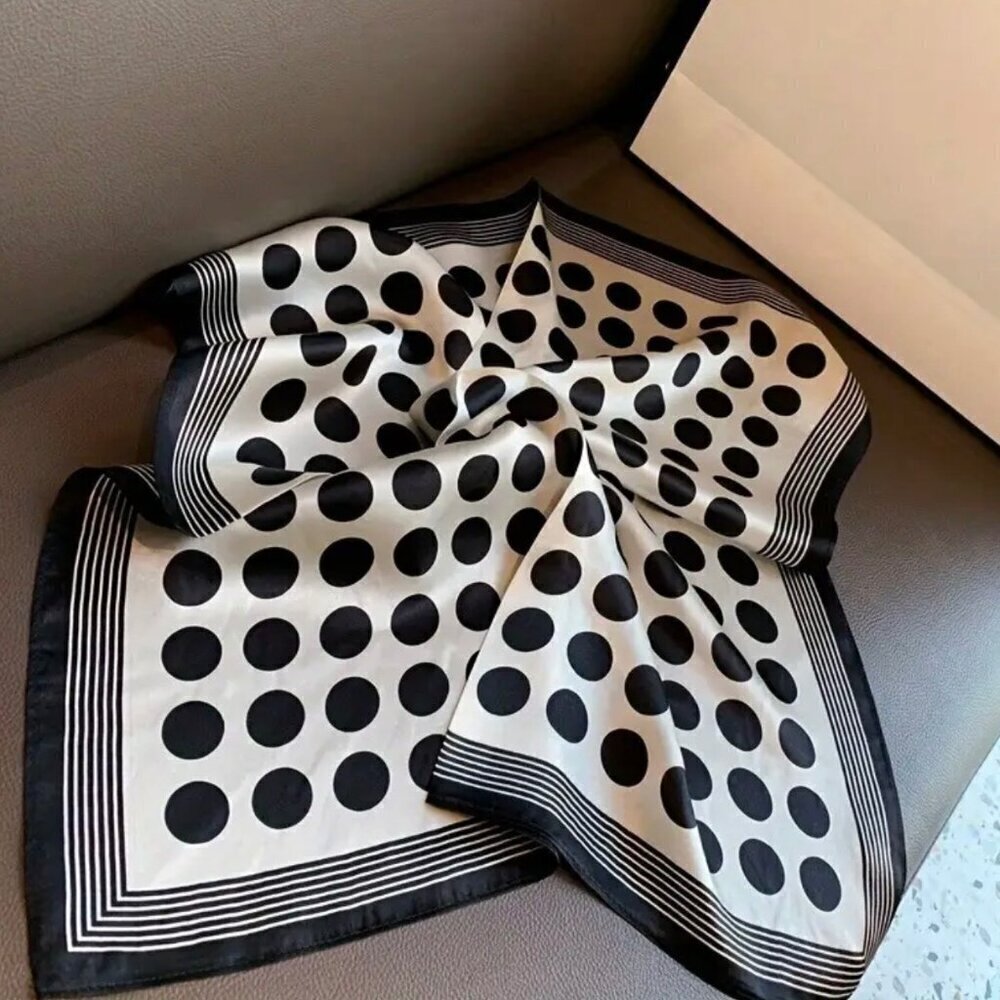NWT Polkadot Print Square Scarf Silk Satin Black White Neck Hair Accessory - Picture 7 of 8